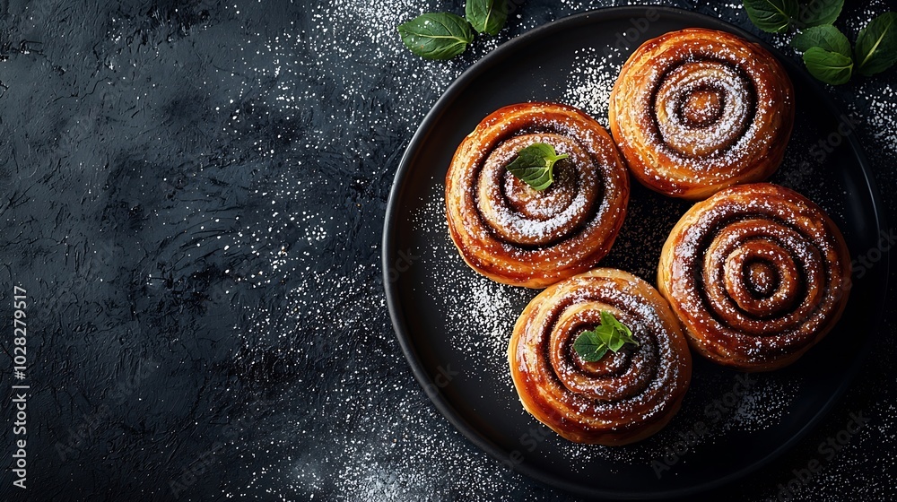Poster cinnamon rolls buns cinnabons on black plate dark background close up top view : generative ai