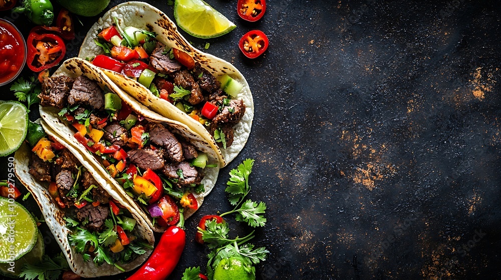 Aufkleber taco with meat and vegetables dark background copy space top view : generative ai