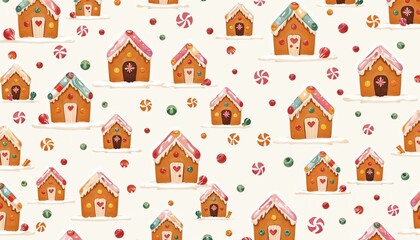 Fototapeta premium Playful pattern of gingerbread houses and candies on a light background