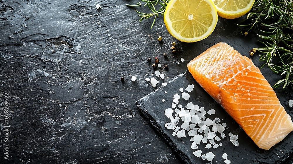 Poster salmon fillet with sea salt lemon on slate dark background copy space top view : generative ai