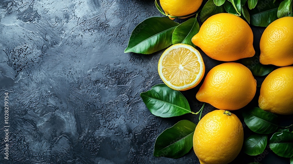 Aufkleber fresh lemons on grey background top view : generative ai