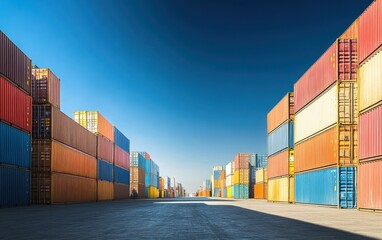 Fototapeta premium A busy container yard under a clear blue sky, representing global business logistics and cargo transport, with ample space for text or promotional content 