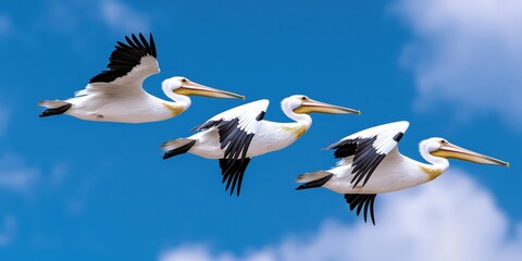 Fototapeta premium Three American White Pelicans Flying in Formation Against a Blue Sky