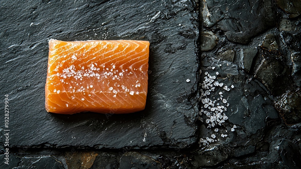 Poster salmon fillet with sea salt grey slate background copy space : generative ai