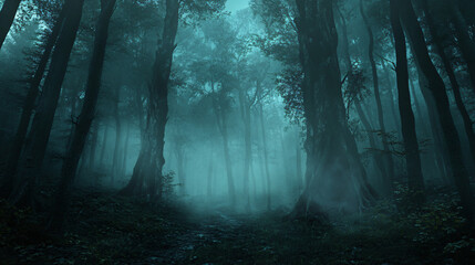 Naklejka premium A dark forest shrouded in mist, rumored to be haunted by lost souls.