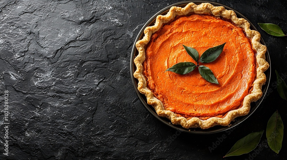 Poster pumpkin pie in baking dish black slate background copy space top view : generative ai