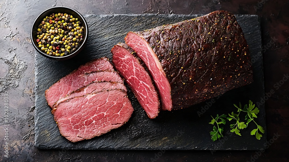 Poster roasted beef pastrami on slate cutting board top view copy space : generative ai