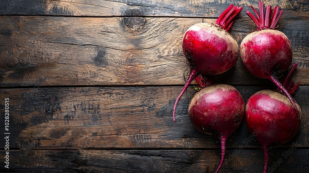 Poster fresh organic beet beetroot on grey rustic wooden background top view copy space : generative ai
