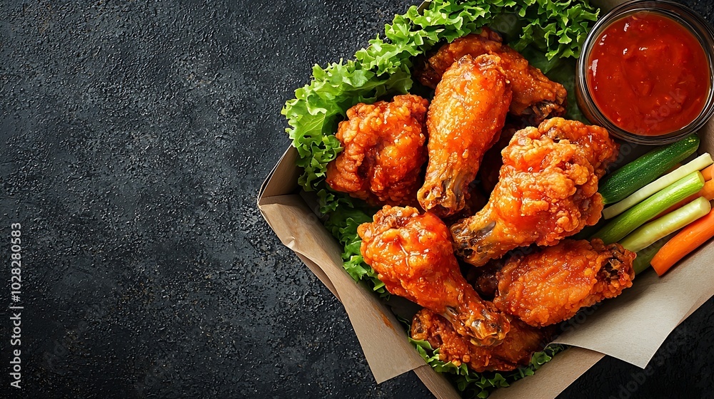 Poster chicken wings with vegetable sticks in box grey background close up top view : generative ai