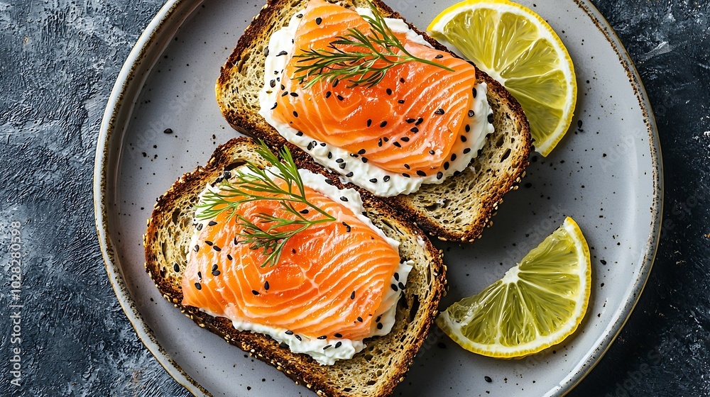 Poster sandwich toast with smoked salmon and cream cheese on plate grey background top view : generative ai