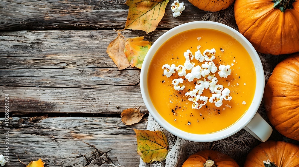 Aufkleber pumpkin soup with salty popcorn in a white ceramic bowl with fresh pumpkin on a wooden background to