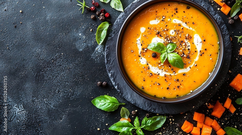 Aufkleber pumpkin carrot cream soup in a bowl grey background top view close up : generative ai