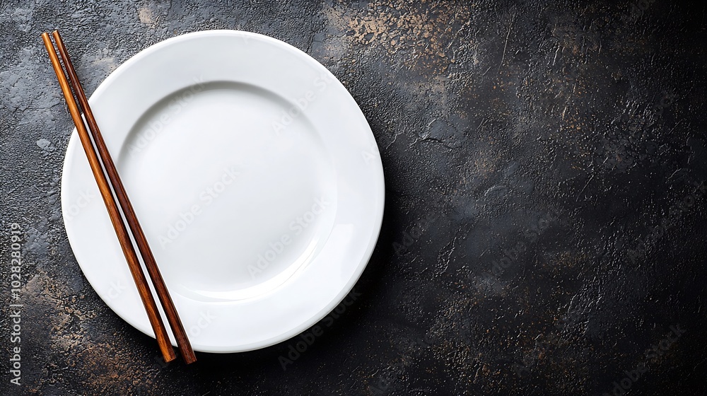Aufkleber Asian table place setting with white plate and chopsticks Top view Copy space Grey background Close up Top view : Generative AI