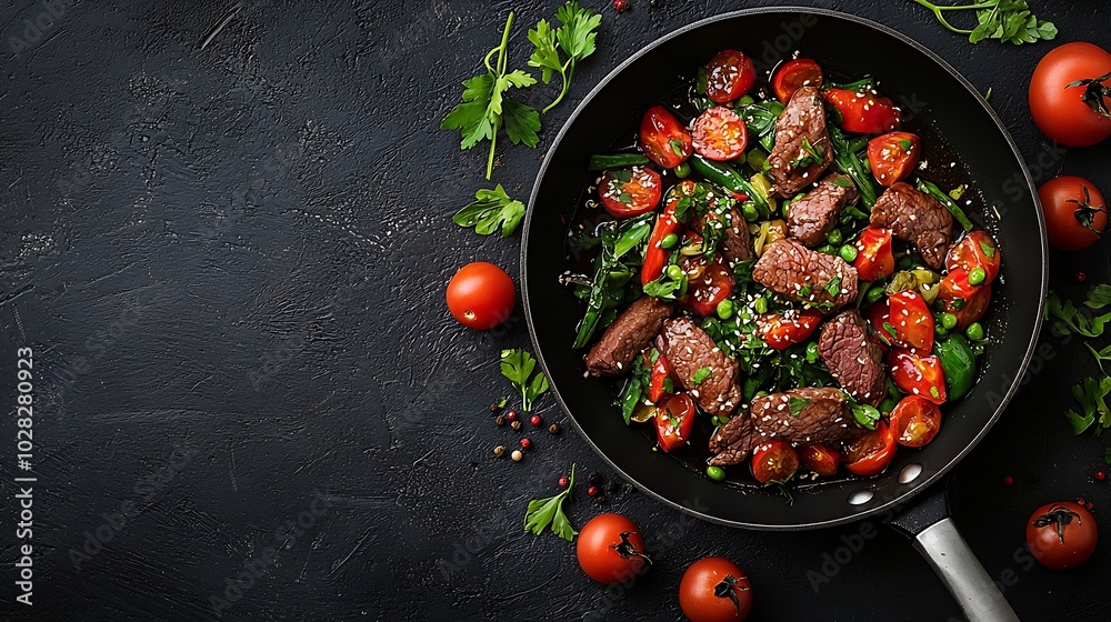 Poster beef and vegetables stir fry in a pan grey background copy space : generative ai