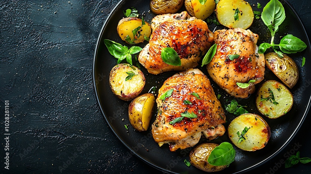Poster roasted chicken with potatoes on dark plate grey background close up top view : generative ai