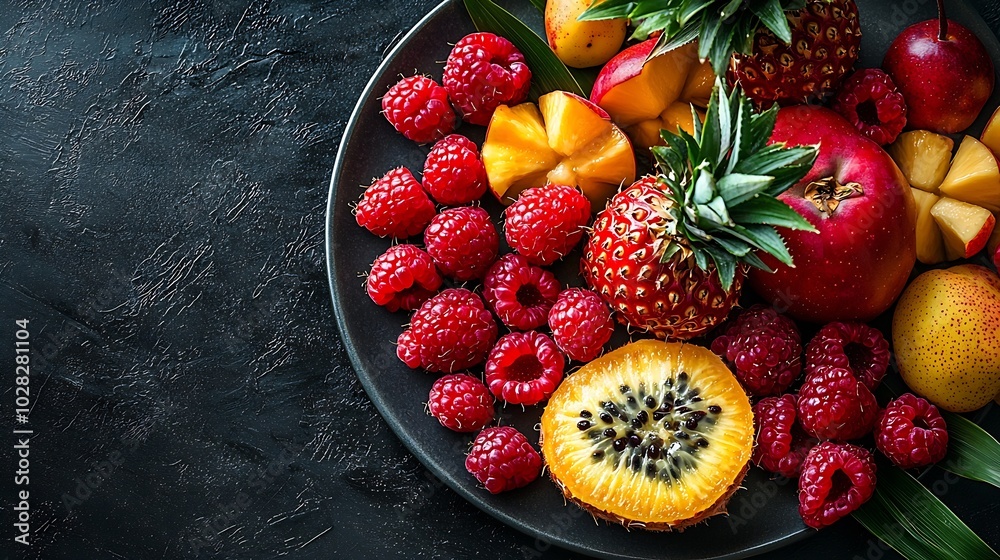 Poster tropical fruits assortment on a plate slate background copy space top view : generative ai