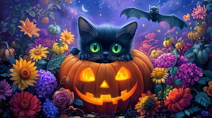 Fototapeta premium Black cat in pumpkin with flowers, Halloween theme