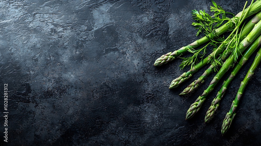Poster asparagus sprouts on a black stone background copy space top view : generative ai
