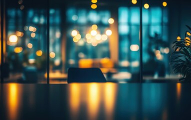 Fototapeta premium A sleek office interior at night, softly blurred to create a dreamy and abstract working atmosphere, emphasizing a modern and calm ambiance 
