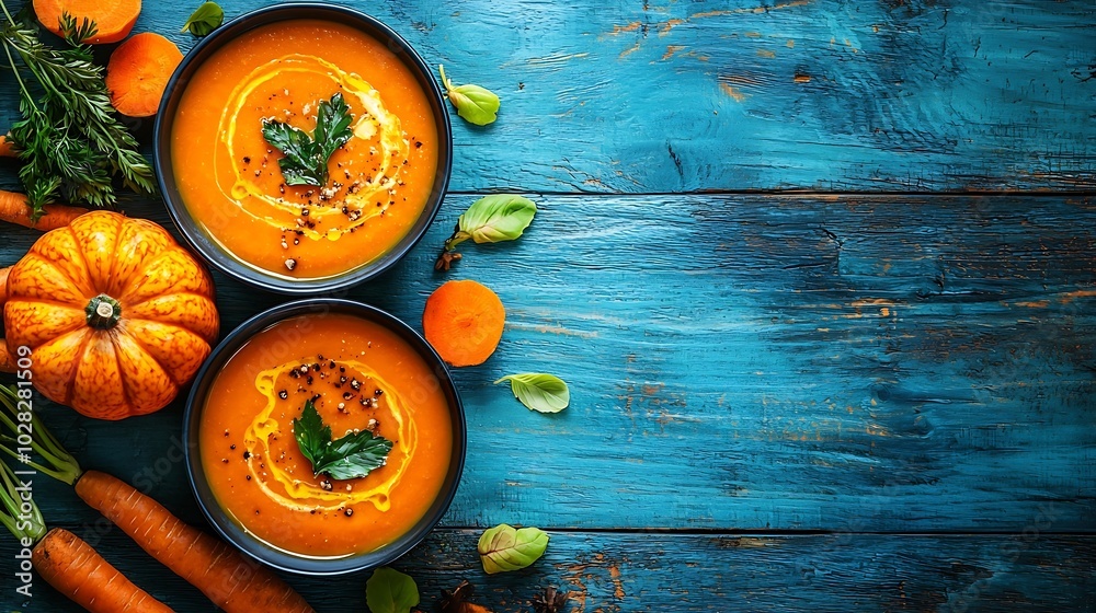 Poster pumpkin and carrot soup with cream on blue wooden background top view : generative ai