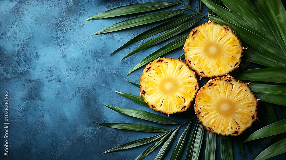 Poster fresh pineapple slices with palm leaf on blue background top view copy space : generative ai