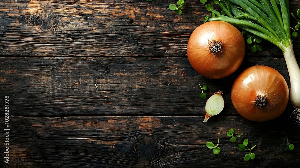 Poster onion with fresh green sprouts on wooden background top view copy space : generative ai