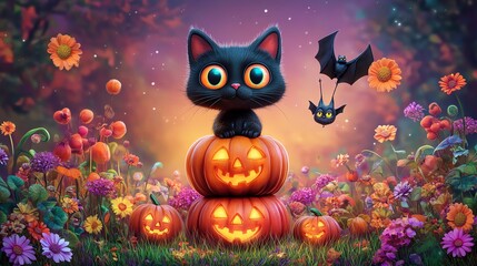 Cute black cat with pumpkins and flowers