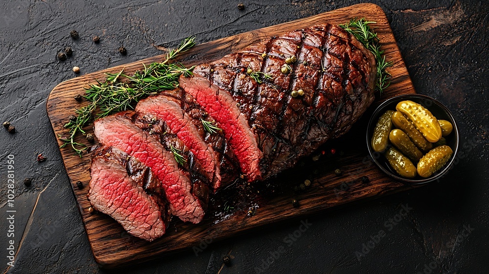 Poster roast beef on wooden cutting board with pickles top view copy space : generative ai