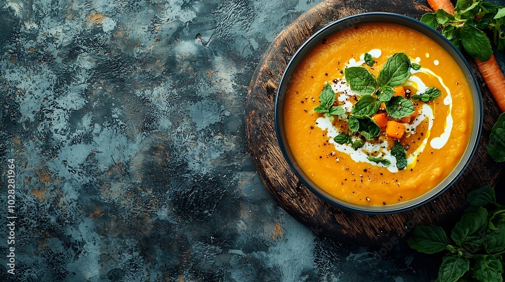 Poster pumpkin and carrot cream soup in bowl grey background close up top view : generative ai