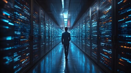 Solitary Silhouette Navigating Futuristic Server Room Hallway Amid Glowing Digital Matrix