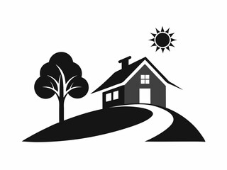 House Silhouette with Trees  Black and White Illustration.