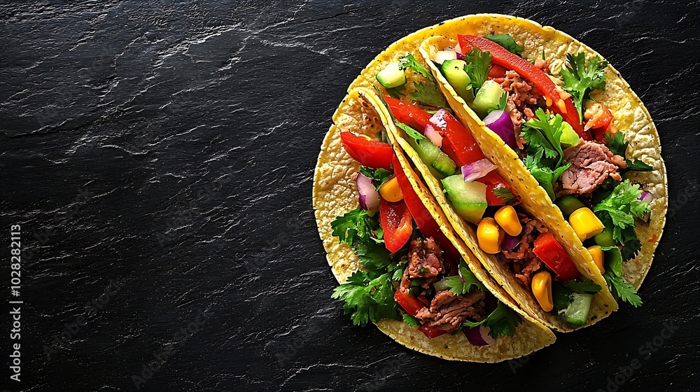 Poster taco with meat and vegetables dark background close up top view : generative ai