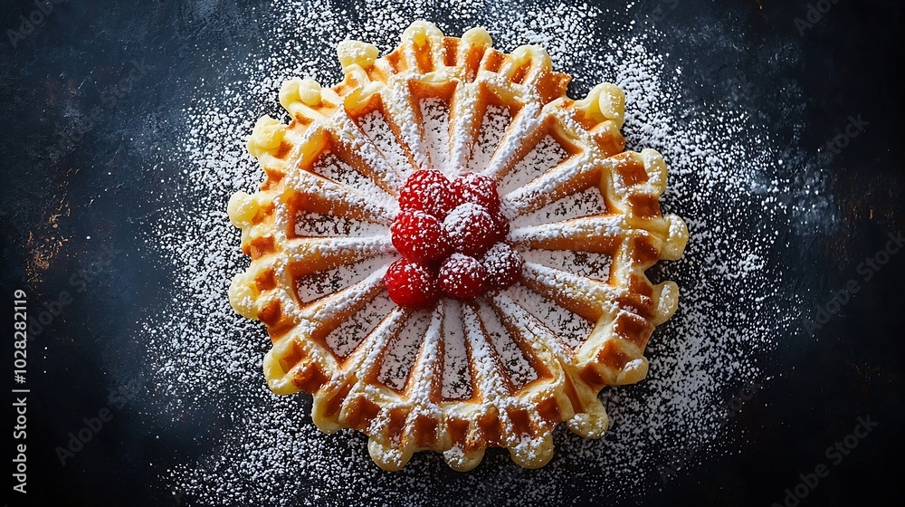 Poster belgian waffle with icing sugar slate background top view : generative ai