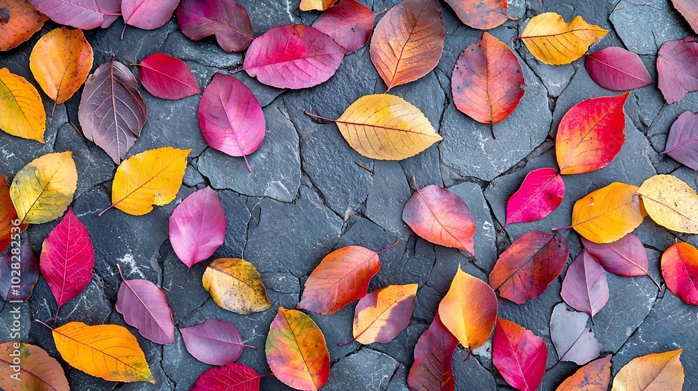 Poster autumn colorful leaves grey stone background copy space : generative ai