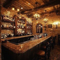 Obraz premium Rustic bar, stacked liquor shelves, warm ceiling lights, brick wall ambiance --v 6.1 Job ID: 8115e3e0-4a5a-41bb-a9c8-53fbacdbc1c5