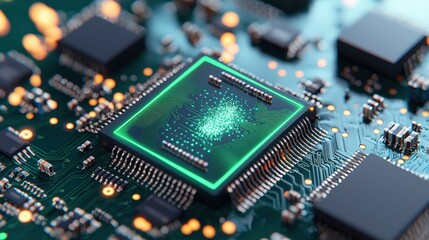 Fototapeta premium Green Glowing Chip on Circuit Board Technology Background