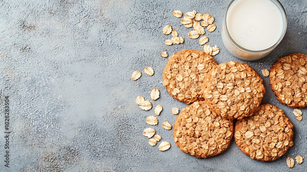 Poster healthy vegan oat cookies with milk grey background copy space top view : generative ai