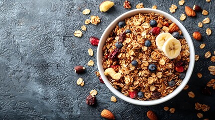 Fototapeta premium Healthy breakfast Fresh granola muesli with coconut banana and nuts in a white bowl on grey textile background Copy space Top view : Generative AI