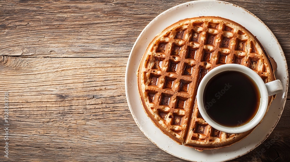 Poster whole wheat waffles with maple syrup and coffee on a wooden background : generative ai