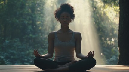 Fototapeta premium A woman meditating in a serene forest setting, surrounded by soft light and nature.
