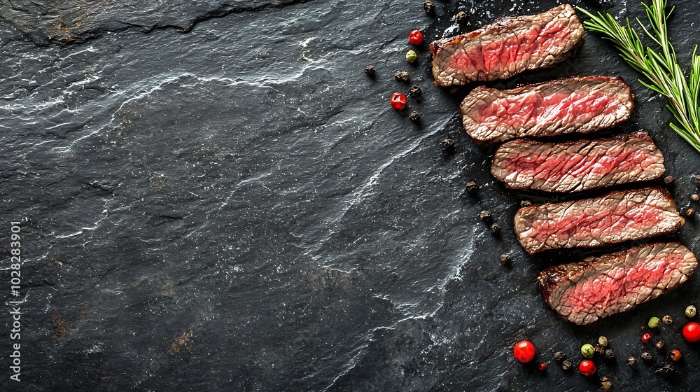 Poster Grilled sliced beef steak on slate stone table Top view : Generative AI