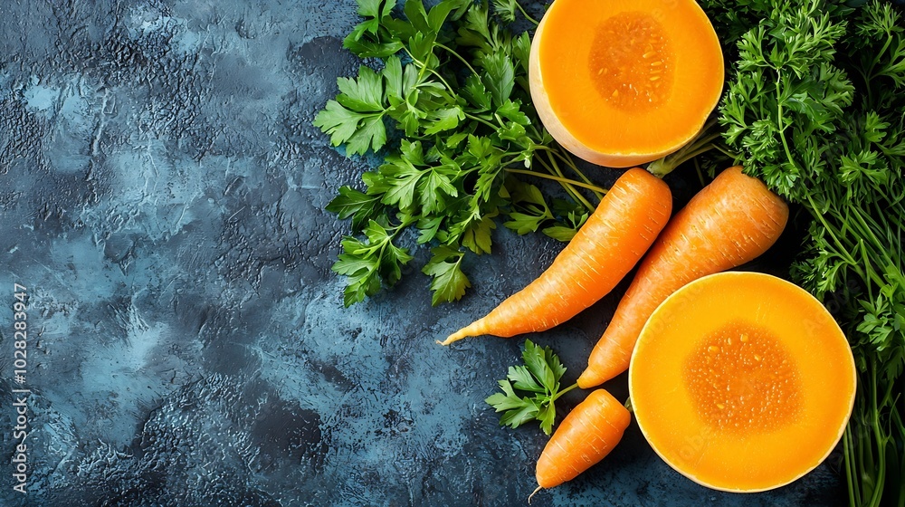 Poster pumpkin and carrot soup with parsley on blue stone background top view : generative ai