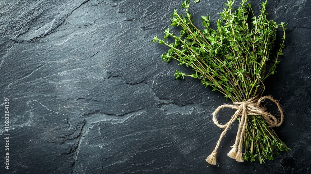 Poster Fresh thyme bunch on slate background Copy space Top view : Generative AI