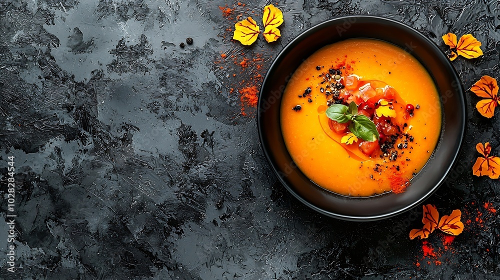 Poster pumpkin butternut squash soup with cream in black bowl dark grey background copy space top view : ge