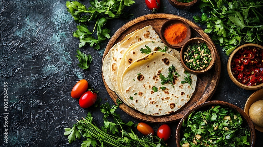 Poster tortillas flat breads on grey textile background copy space top view : generative ai
