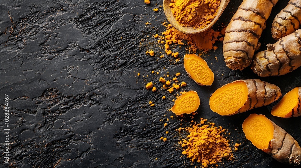 Poster fresh turmeric curcuma tumeric roots powder and dried slices dark background copy space top view : g