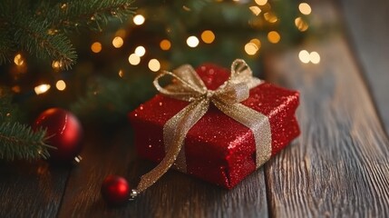 Festive red gift box with a glittery gold ribbon, placed near Christmas tree branches and ornaments, with warm lights in the background.