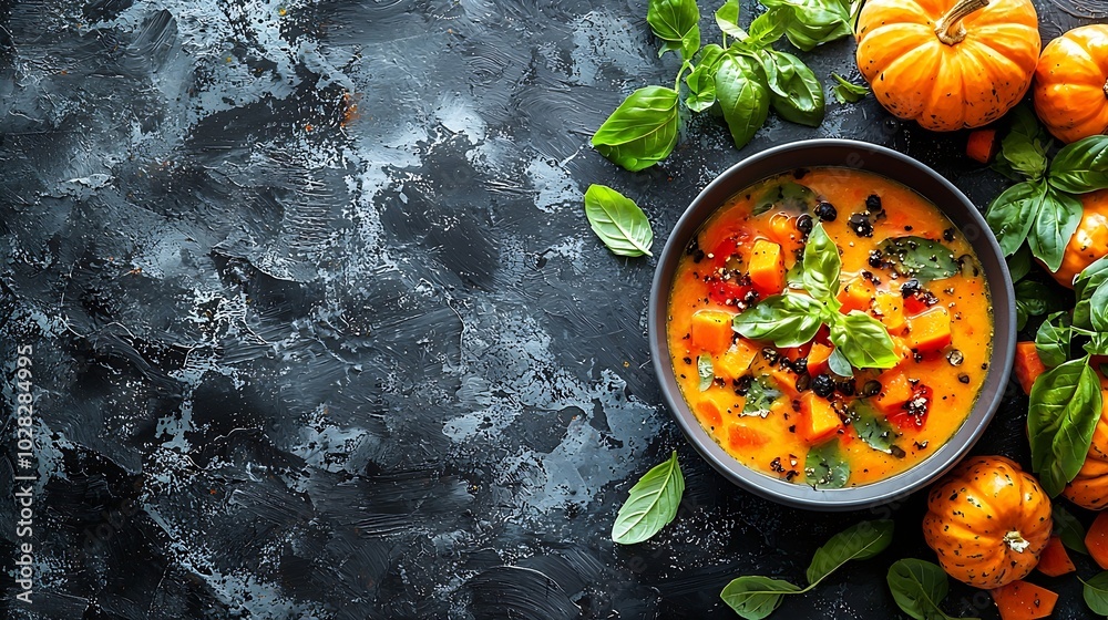 Poster pumpkin and carrot cream soup in bowl grey background top view : generative ai