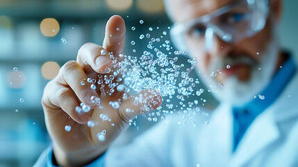 Innovative scientist demonstrating AI powered drug discovery process with digital interactions and molecular structures. image captures essence of modern research and technology