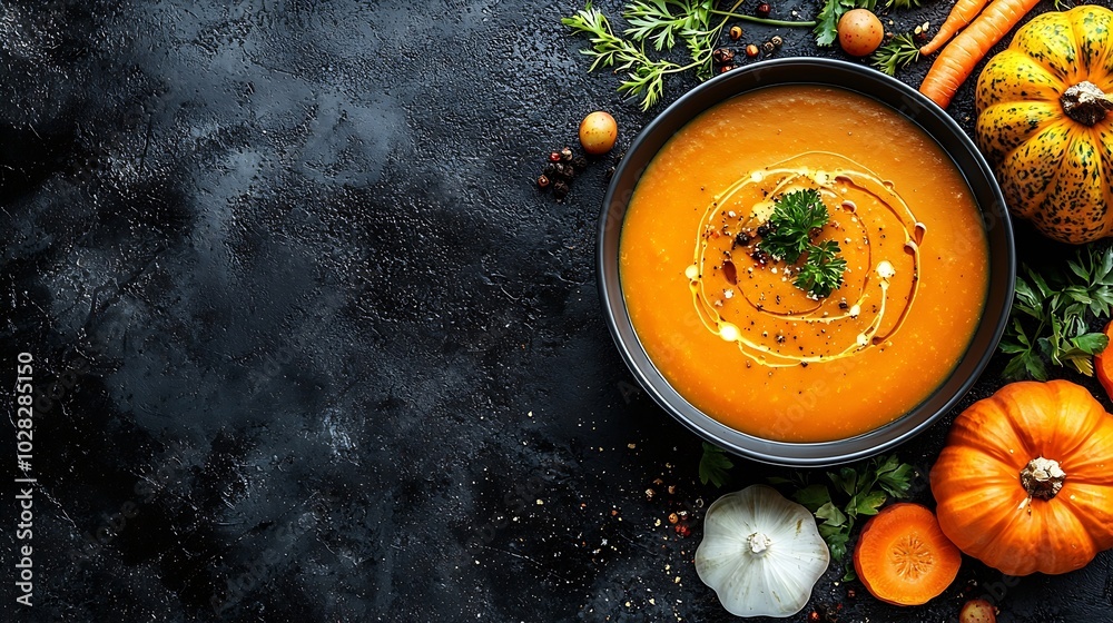 Poster pumpkin and carrot cream soup in bowl grey background close up top view : generative ai